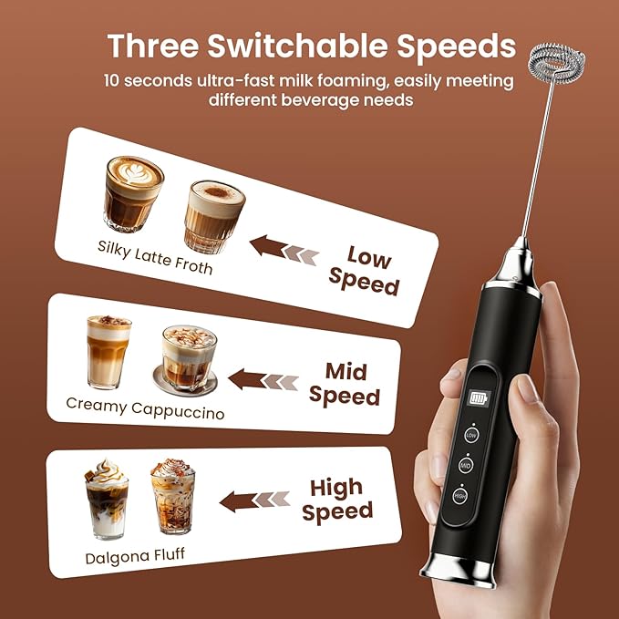 YUSWKO Black Milk Frother Wand for Coffee with Stand, Handheld Coffee Frother, Rechargeable Drink Mixer, Waterproof Electric Whisk