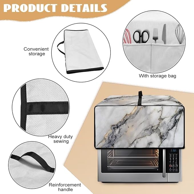Toaster Oven Dust Cover Washable Fabric Convection Oven Cover Protector Compatible with Various Small Kitchen Appliances, L, Gray White Marble
