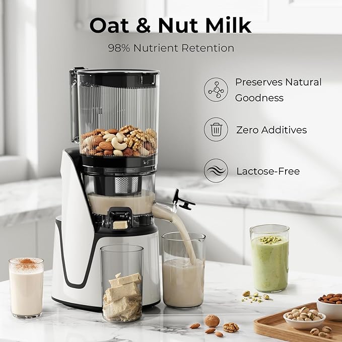 EanOruus Juicer Machines, 3-in-1 Cold Press Juicer with 6.5" Extra Large Chute, 100oz Large Capacity, AC Motor, Makes Juice, Nut Milk & Sorbet, Bright White