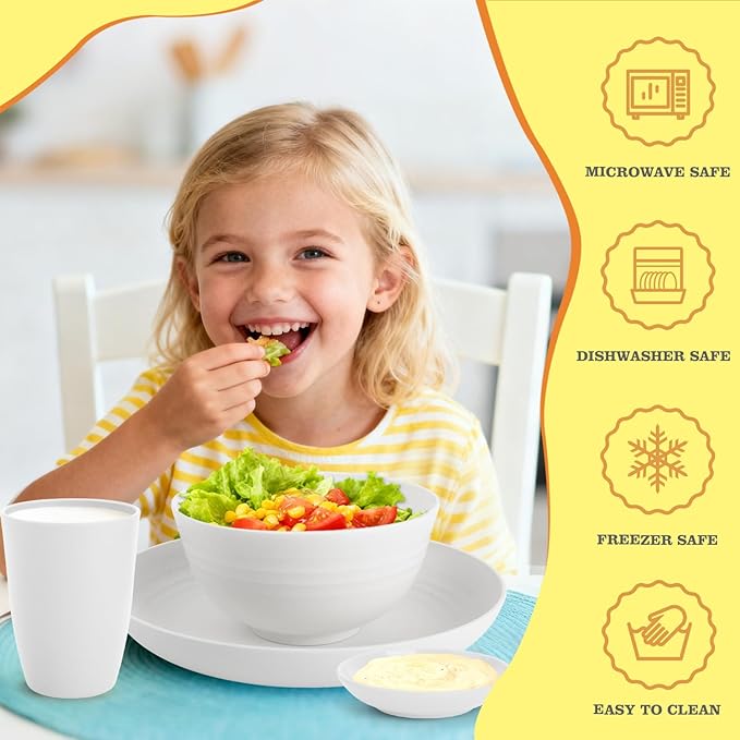 Wheat Straw Plates and Bowls Sets of 16，Unbreakable Dinnerware Sets for 4, Microwave & Dishwasher Safe Kids Dish Set for Kitchen, Outdoor, Camping, Party, RV- White