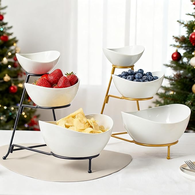 Gomakren 3 Tiered Oval Serving Bowl With Collapsible Metal Rack, Chip and Dip Serving Set, Dessert Appetizer, Candy, Fruit, Vegetable Bowl Set, Serving Bowls For Entertaining (Black Stand)