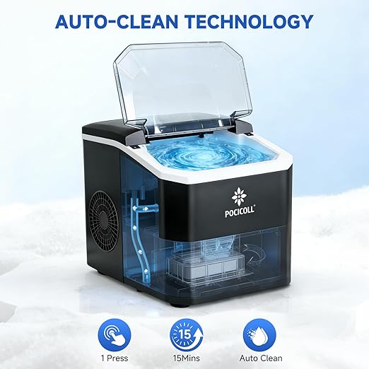Countertop Ice Maker Machine, 26lbs in 24Hrs, 9 Ice Cubes Ready in 8 Mins, Auto-Cleaning Portable Ice Maker with Basket and Scoop, for Home/Kitchen/Camping/RV (Black)