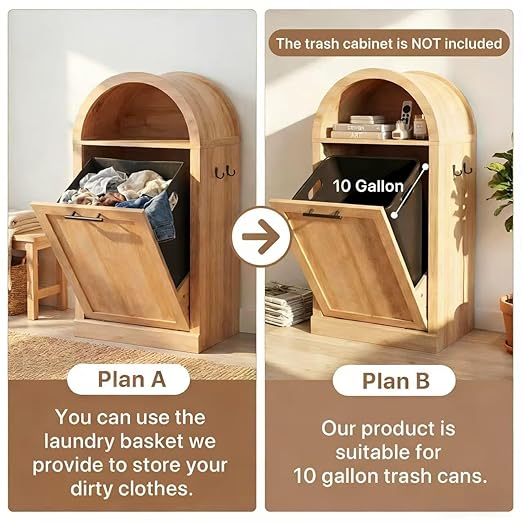 Seang Arched Tilt-Out Trash Can Cabinet,Laundry Hamper Cabinet with Foldable Laundry Basket,Wooden Hidden Garbage Can Cabinets with Metal Handle & Hooks,Natural