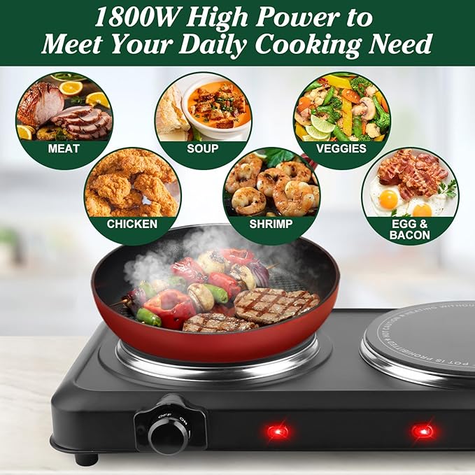 Electric Countertop Double Burner, 1800W Cooktop with Glass Hot Plate, Stepless Temperature Control, Easy to Clean, Indicator Lights, Compatible Cooking Stove for Office Home Camping RV
