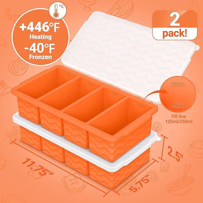 Doasuwish Silicone Freezer Tray for Soup with Lid – 1-Cup Soup Container Style Ice Cube Trays for Freezer, Meal Prep & Food Storage, Freeze 250mL/125mL Portions – 2 Pack