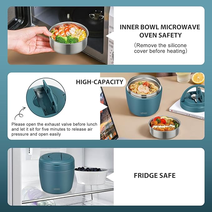 wiwens Thermo Food Jar for Hot Food Adults 32OZ Soup Thermo Lunch Containers Wide Mouth Vacuum Insulated Stainless Steel Leakproof Bento Box with Spoon (lake blue)