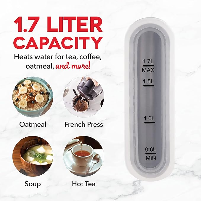 DASH DEK001MW Electric Kettle + Water Heater with Rapid Boil, Cool Touch Handle, Cordless Carafe, No Drip Spout + Auto Shut Off For Coffee, Tea, Espresso & More, 57 oz/ 1.7 L - Matte White