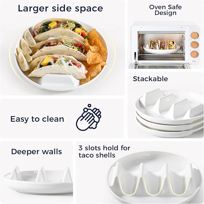 Dizada Taco Holders Set of 3-9" Porcelain Taco Plates with Dividers, Ceramic Taco Stand for Hard Soft Shells, Reusable Taco Serving Tray, Dishwasher Microwave Safe