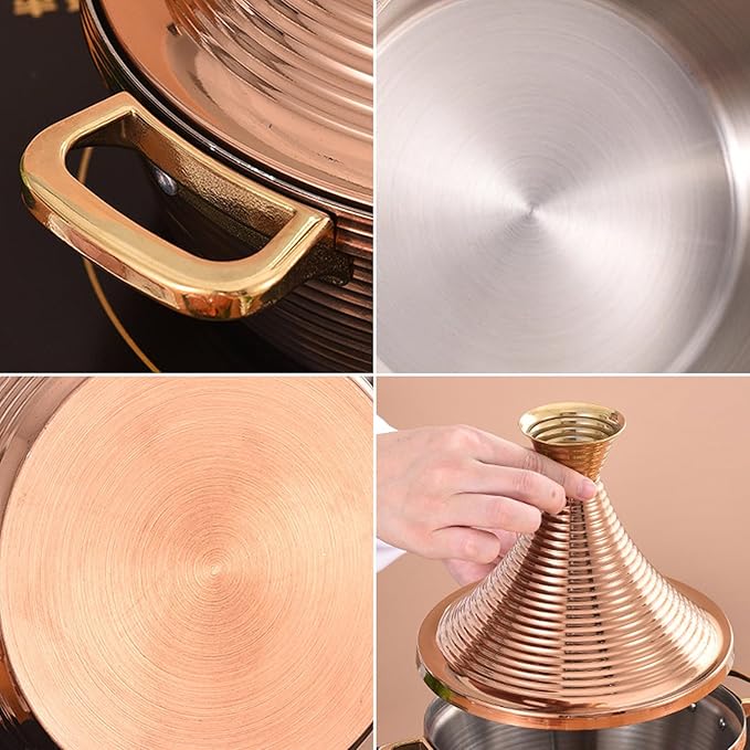 Moroccan Tagine Cooking Pot,Stainless Steel Non Stick Moroccan Casserole with 2 Handles,Large Moroccan Cooker Handmade Tagine Pot with Cone-Shaped Lid(27cm, Rose Gold)