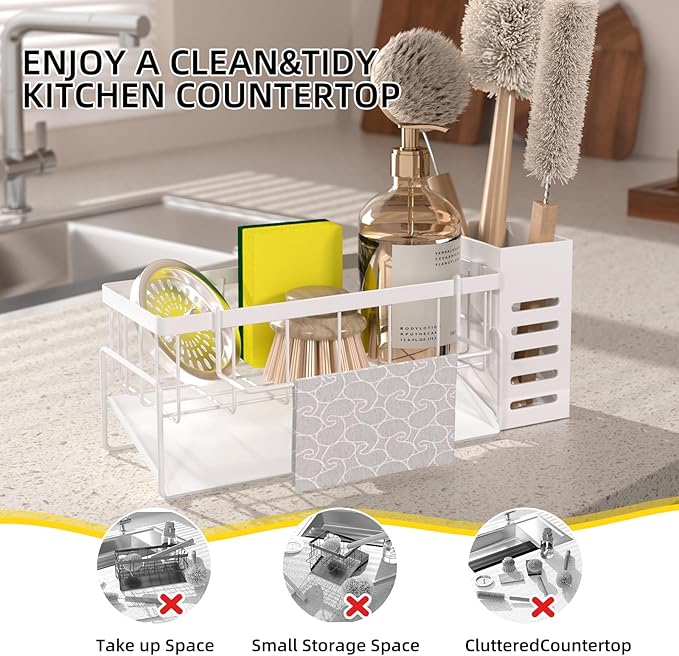 Kitchen Sink Caddy Organizer,Stainless Steel Sponge Holder with Dish Brush Holder,Soap Caddy for Countertop,Kitchen Sink Organizer Countertop Sink Accessories,Cleaning Caddy