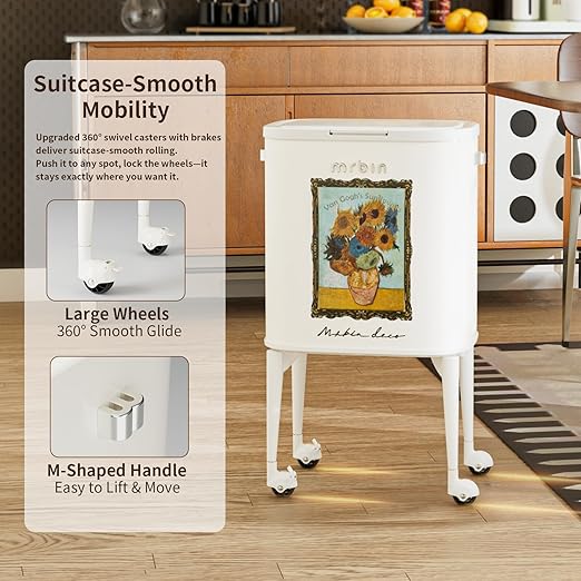 MRBIN 23L Art Decor Trash Can with Wheels, Press-to-Open Lid, Tall Standing Garbage Bin with Lockable Casters, Metal Waste Basket for Kitchen, Living Room, Bedroom, Cream White