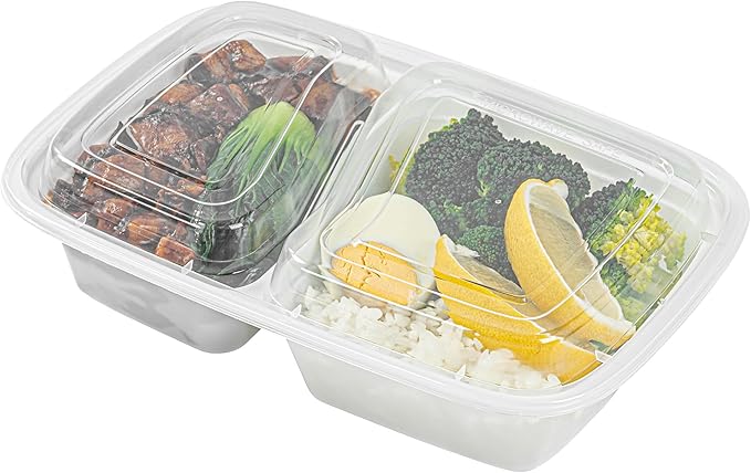 Restaurantware Asporto 32 Ounce Compartment Take Out Boxes 100 Microwavable Meal Prep Containers - 2 Compartments With Clear Plastic Lids White Plastic Food Containers Do Not Contain BPA