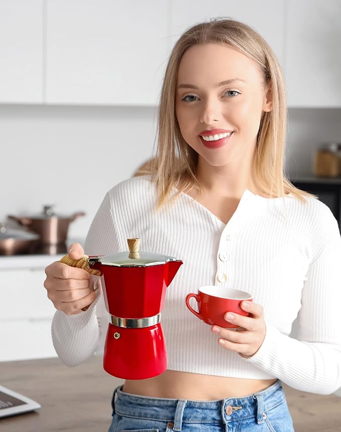AGOGO Milano Moka Pot Stovetop Espresso Maker with 100 Paper Filters for Sediment-Free Coffee, Classic Italian Greca with Wood-Grain Handle,Cleaning Brush & Towel 6 Cup (10oz / 300ml) Red