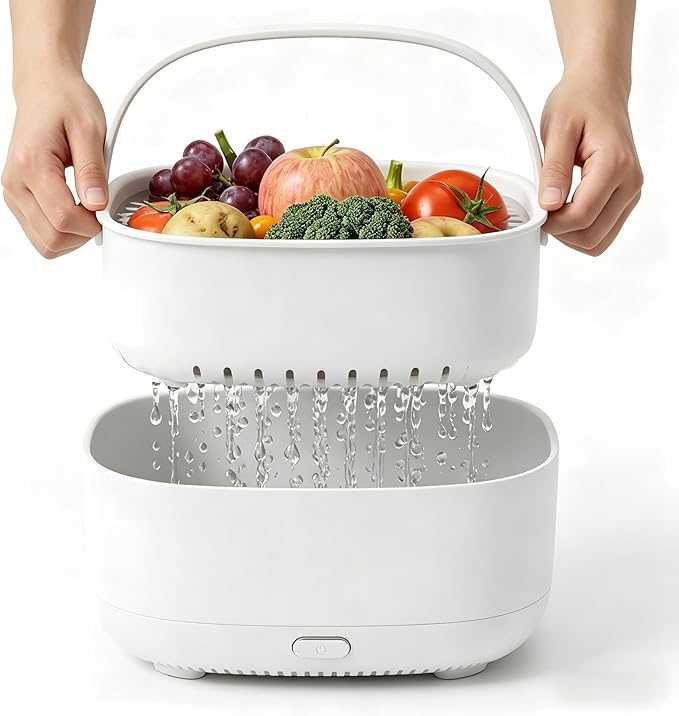 Ultrasonic Produce and Berry Washer, Gentle Fruit Vegetable Cleaner for Fragile Berries and Salads, 2-Tier Drain Basket, Battery Operated Countertop Device