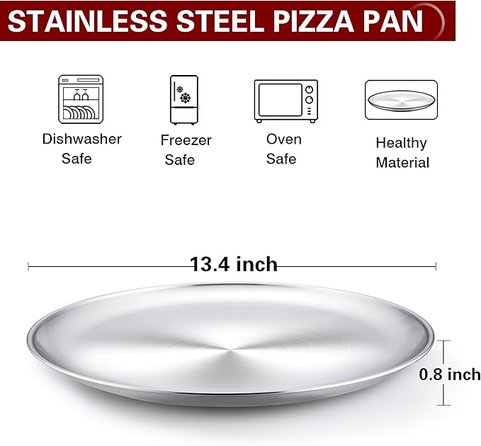 TeamFar Pizza Pan, 13.4 inch Stainless Steel Large Pizza Pan Tray Round Oven Baking Bakeware, Healthy & Heavy Duty, Oven & Dishwasher Safe