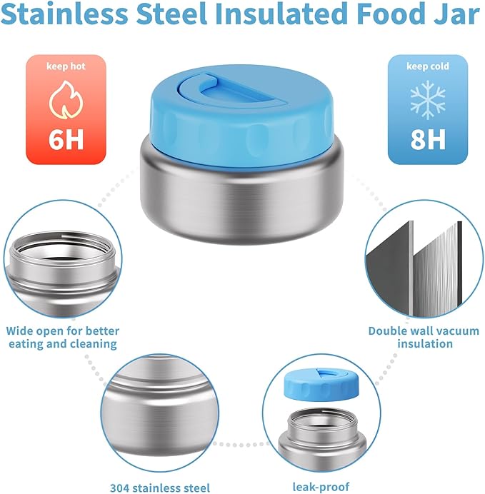 Bento Box for Kids with Thermo Food Container (9oz), 4-Compartment Lunch Box, Adjustable Divider, Leakproof Bento Lunch Box, Includes Utensils & Carry Bag for School, Office(Blue)