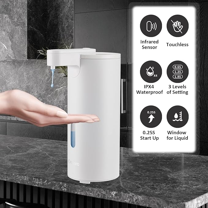 Automatic Soap Dispenser, Automatic Liquid Soap Dispenser Touchless, 12oz/340ml, 3-Level Adjustable, Battery Operated, Water-Resistant for Bathroom, Kitchen, and School, Clog-Free, White
