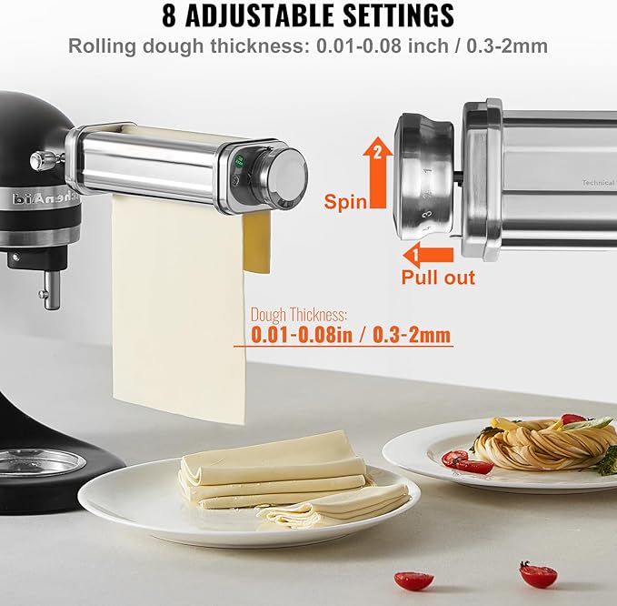VEVOR Pasta Attachment for KitchenAid Stand Mixer, Stainless Steel Pasta Maker Attachment Includes Pasta Sheet Roller, Spaghetti Cutter, Fettuccine Cutter, 8 Adjustable Thickness Knob Pasta Maker 3Pcs
