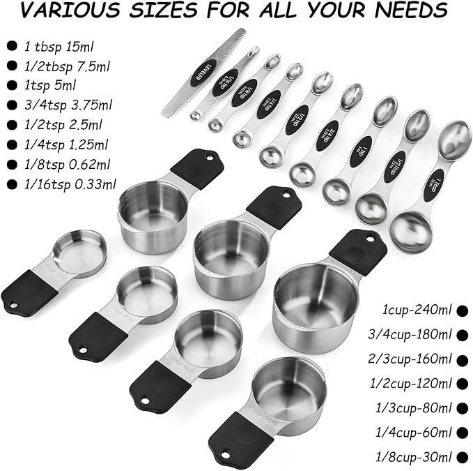 Magnetic Measuring Cups and Spoons Set of 16 Includes 7pcs Stainless Stee Stackable Nesting Magnetic Measuring Cup 9pcs Magnetic Measuring Spoon for Dry and Liquid Ingredients