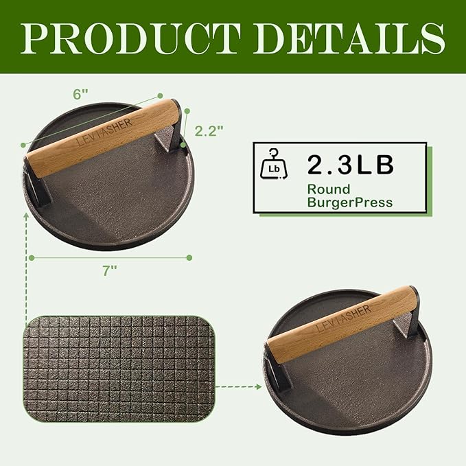 2 Pack 2.2lb Heavy Duty Cast Iron Grill Press, 6.69 inch Smash Burger Press Meat Steak with Wood Handle for Blackstone, Chef, Camp, Panini, Vegetable, Bacon, Sandwich, BBQ, Grid-patterned grill