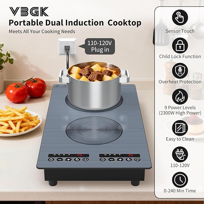 VBGK induction cooktop,110V 2300W double burner hot plate with LED touch control, 9 Power Levels, Kids Lock & Timer, Overheat Protection,2 burner induction cooktop