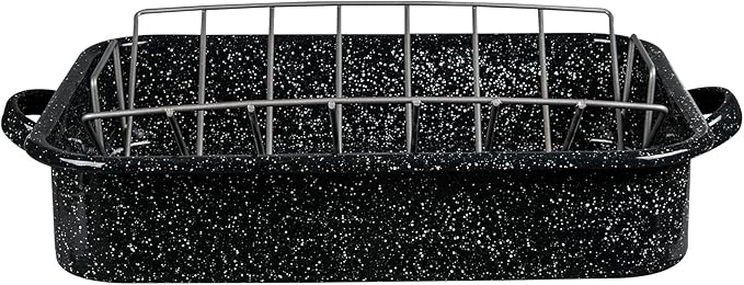 Granite Ware 19-Inch Roasting Pan With V-Rack - Nonstick Rectangular Roaster for Poultry, Baking, Broiling, Grilling - Durable Cookware for Holiday Feasts & Daily Meals - Family Size, Made of Steel