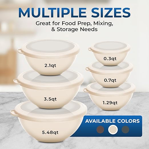 Bakken Master 12 Piece Plastic Nesting Bowls with Lids - Mixing Bowls Set includes 6 Prep Bowls and 6 Lids, BPA-Free, Reusable Meal Prep Containers, Microwave, Freezer & Dishwasher Safe, White Cream