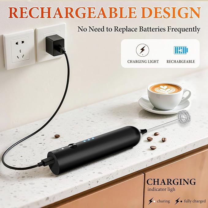 Milk Frother, Rechargeable & Handheld Frother Wand for Coffee, 3 Speed Adjustable Drink Mixer With 3 Stainless Whisks for Matcha, Lattes, Cappuccino, Egg, Electric Whisk Foam Maker (Black)