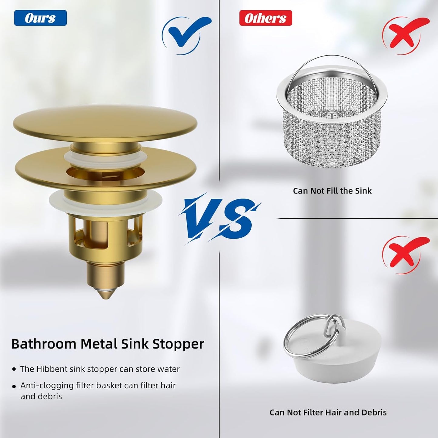Hibbent All Metal 2 in 1 Bathroom Sink Stopper, Universal Pop Up Drain Strainer, Brass Bullet Core Push Type Sink Stopper for 1.1''~2.3'' Basin, Big Push Button, Anti Clogging Filter, Brushed Gold