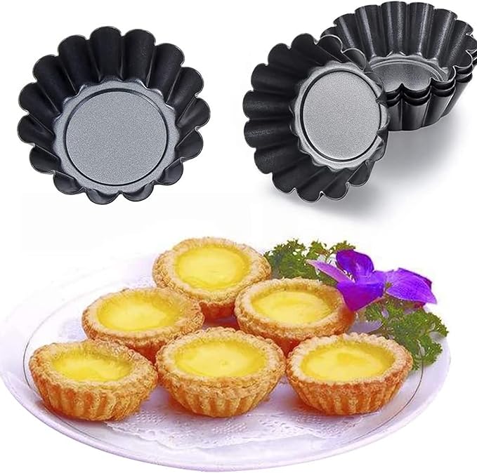 RICHSC-PAN Egg Tart Molds, 12 PCS Non-Stick Very Mini Tart Pans, Mini Tart Mold 3 InchTop, 1.7 Inch Bottom, 0.9Inch High, Carbon Steel, Kitchen Reusable Baking Tools.