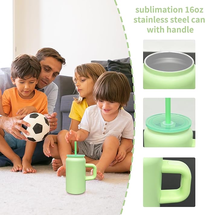 16 oz Sublimation Tumbler with Handle and Straw for Kids, Stainless Steel Sublimation Tumblers Bulk with Lids, Vacuum Insulated Iced Coffee Cups for Smoothie Water Soda DIY Gift (Green,1 pack)