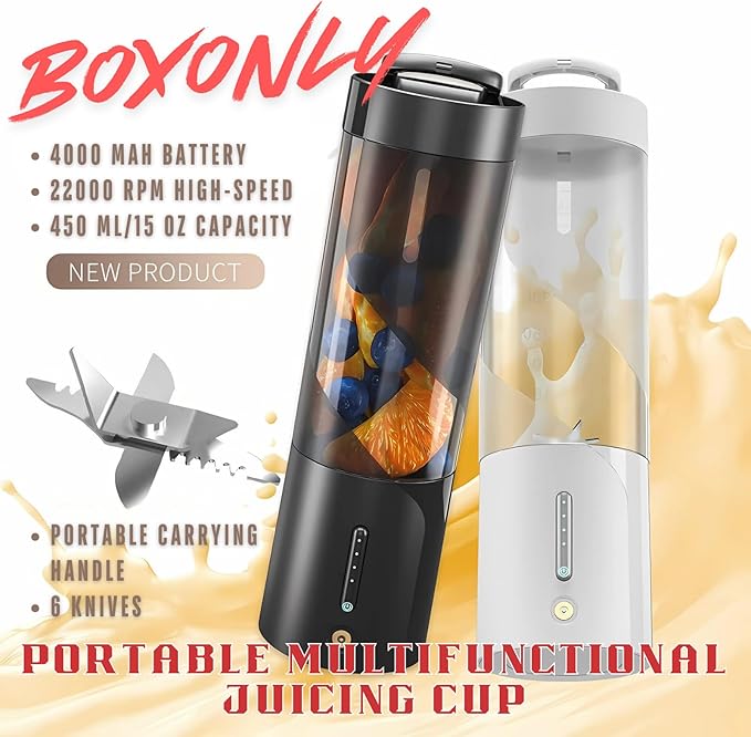 Portable Juicer Blender, USB Rechargeable Smoothie Maker with 6 Upgraded Blades and 4000mAh Battery, 450ml/15oz Capacity, Ideal for Smoothies, Protein Shakes, Travel and Office (White)