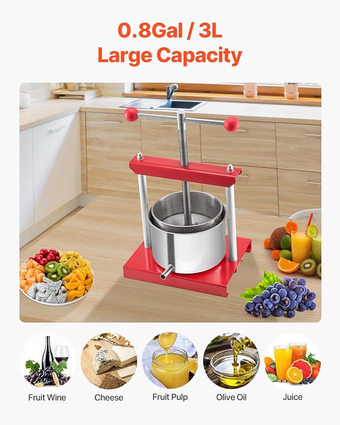 VEVOR 0.8 Gal/3L Fruit Wine Press, 2 Stainless Steel Barrels, Manual Juice Maker, Cider Apple Grape Tincture Honey Olive Oil Making Press with T-Handle for Outdoor Kitchen Home