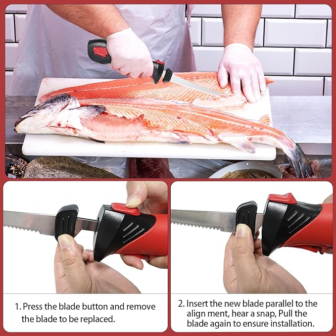 Cordless Electric Fillet Knife - 8-Inch Serrated Stainless Steel Blades with Non-Stick Coating, Ergonomic Non-Slip Handle, Cooling Vent, and Portable Carry Bag – Rechargeable Electric Knife for Effortless Fishing Filleting (8in-Blade Set)