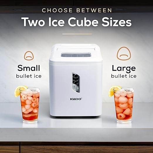 Igloo Portable Ice Maker with Scoop - Countertop Ice Maker with LED Control Panel & 1.5 Qt Water Tank - Ice Maker Produces 26 Lbs. of Ice in 24 Hours with 9 Large or Small Cubes in 7 Minutes- White