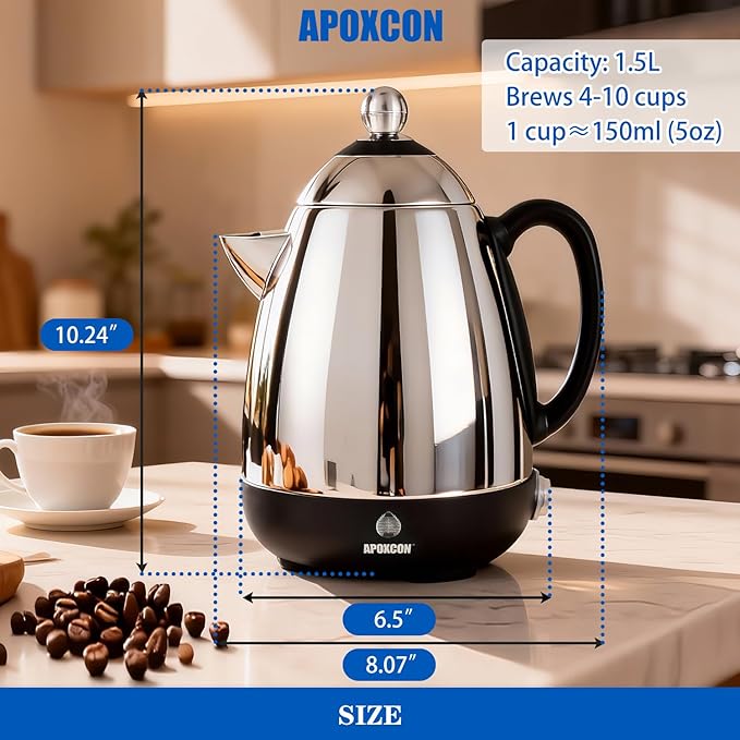 APOXCON Electric Coffee Percolator Stainless Steel Coffee Maker with Clear Brew Progress Knob & Cleaning Brush Auto Keep Warm Cordless Serving elegant design Coffee pot with On/OFF Switch (10 Cup)