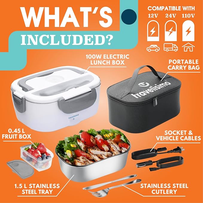 TRAVELISIMO Electric Lunch Box for Adults 100W Heated Lunch Box For Men 1.5L Stainless Steel Portable Food Warmer, 12/24/110V for Travel & Work, Loncheras Electricas Para Calentar almuerzo