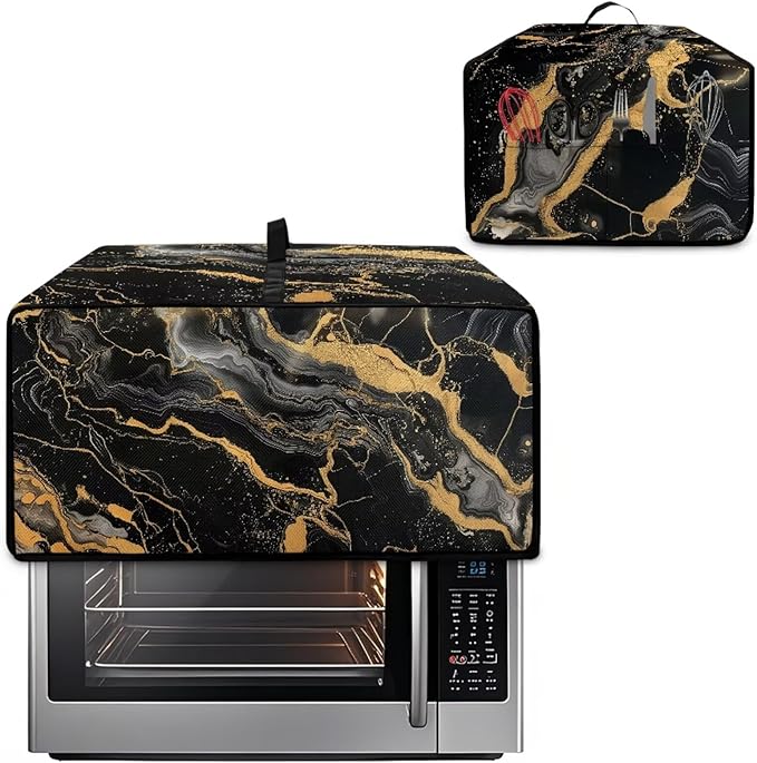 Air Fryer Toaster Oven Dust Cover Dustproof Modern Design Convection Oven Cover with Side Pockets for Small Kitchen Appliances, L, 18.5 x 22.5 x 13 inches, Black Gold Marble
