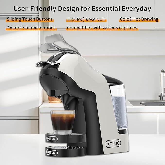 KOTLIE Single Cup Coffee Maker, Multi Capsule Machine Compatible With Various Capsule Types, 4 Temperature Settings, 7 Water Volume Levels,19 Bar(Glossy White)