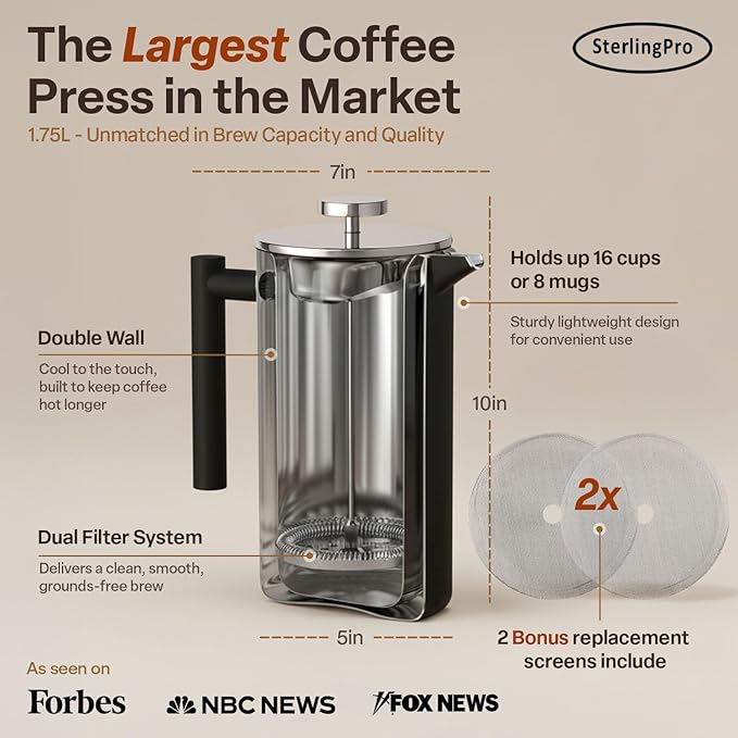 SterlingPro Stainless Steel French Press Coffee Maker 1.75 L (59 oz) Black – Double Walled Insulated Extra Large French Press, Durable Design Keeps Drinks Hot, Easy to Use and Clean for Rich Flavor