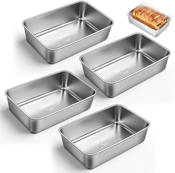 4 Packs 8.8×5.9 Inch Loaf Pans for Baking Bread, 304 Stainless Steel Loaf Bread Pan with Parchment Paper Liners, Metal Bakeware for Bread, Meatloaf, Cake Brownies, Easy Release, Oven & Dishwasher Safe