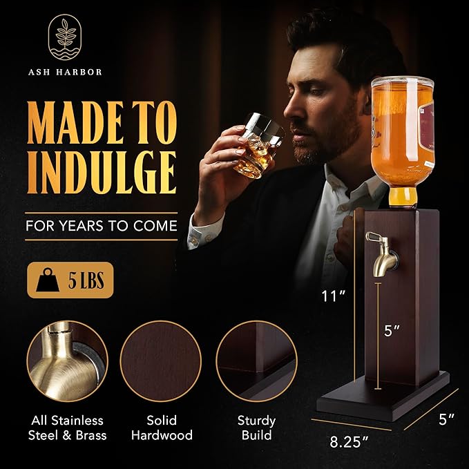 Countertop Liquor Dispenser for Home Bars – Wooden Whiskey Dispenser with Food-Safe All-Metal Valve – Bourbon Decanter & Whiskey Decanter for a Classy Presentation, Alcohol Gifts for Men by Ash Harbor