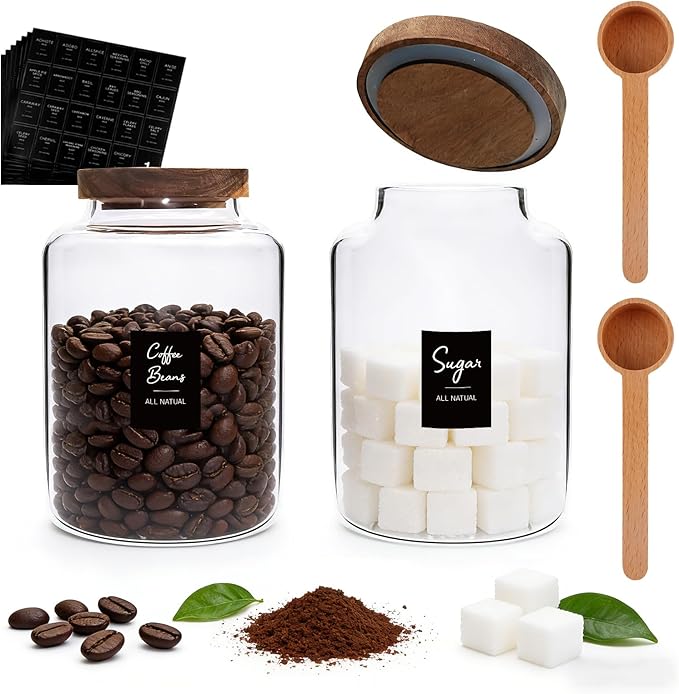 66oz Large Glass Storage Jar with Wooden Lids Spoons Labels Glass Coffee Ground Canister Borosilicate Glass Sugar Flour Container for Cookies Spice Rice Tea(2000ml/67oz-2 pack-with scoop)