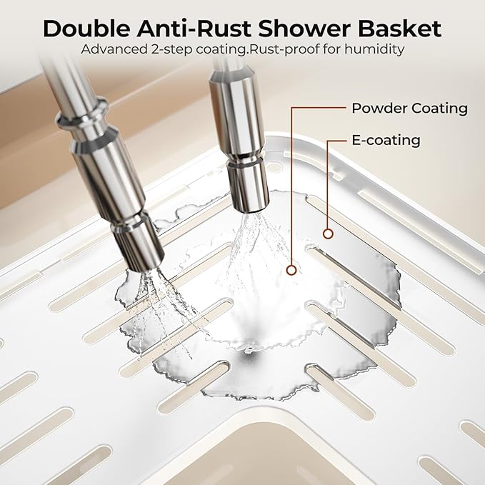 Orimade Rustproof 2 Tier Floor Standing Corner Shower Caddy Organizer with Toothbrush Holder, Large Spacing Floor Shower Shelf Rack Storage Stands with Hooks for Bathroom Kitchen, White