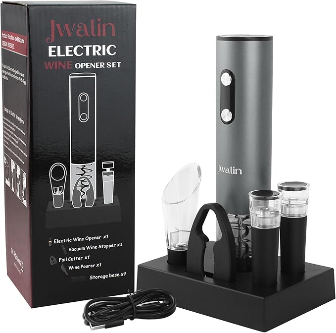 Rechargeable Electric Wine Opener Gift Set – 6-in-1 Automatic Wine Bottle Opener with Foil Cutter, Aerator Pourer, 2 Vacuum Stoppers & Base Stand – Perfect Wine Gift for Wine Lovers