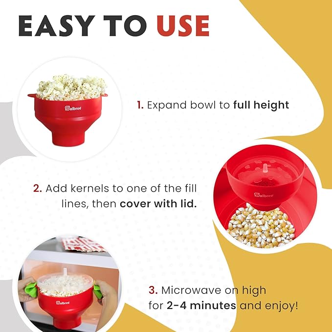 The Original Salbree Microwave Popcorn Popper Machine, Silicone Popcorn Maker, Collapsible Microwavable Bowl - Hot Air Popper - No Oil Required - The Most Colors Available (Black)
