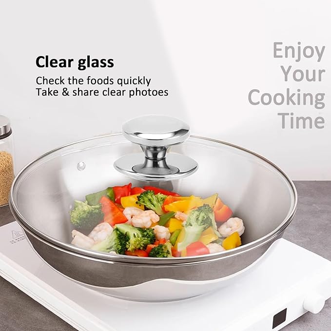13.5 Inch Glass & Stainless Steel Lid with Steam Vent, Universal lid for Pots, Pans, Skillets and Woks, Large Covers Replacement of 34cm, Fits Pots With Inner dia 13.2-13.6 Inches