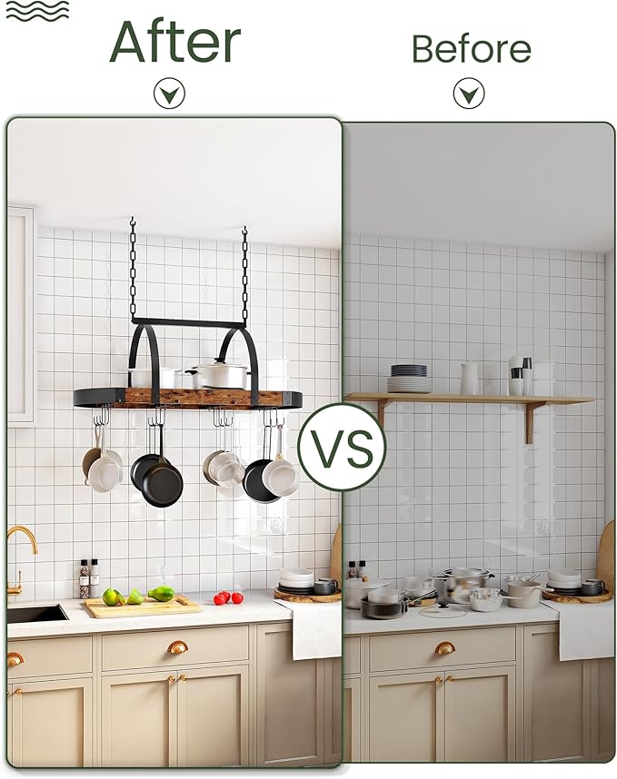 CHOEZON Hanging Pot Rack, Pot Hanger for Kitchen, Ceiling Mounted Pot Holder, Cookware Organizer with 12 S-Shaped Hooks, for Pot, Pan Storage, Space-Saving, Rustic Brown and Black TPR08BFC1