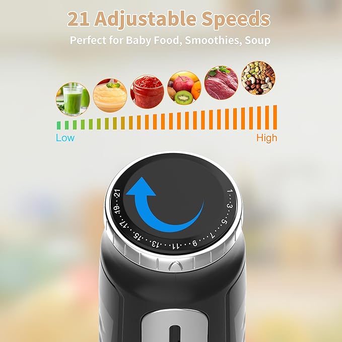 Toogel Cordless Immersion Blender, 4-in-1 Electric Hand Blender with 21-Speed & 3-Angle Adjust, USB Rechargeable, BPA-Free & Dishwasher Safe for Baby Food, Smoothies, Soup (Black)