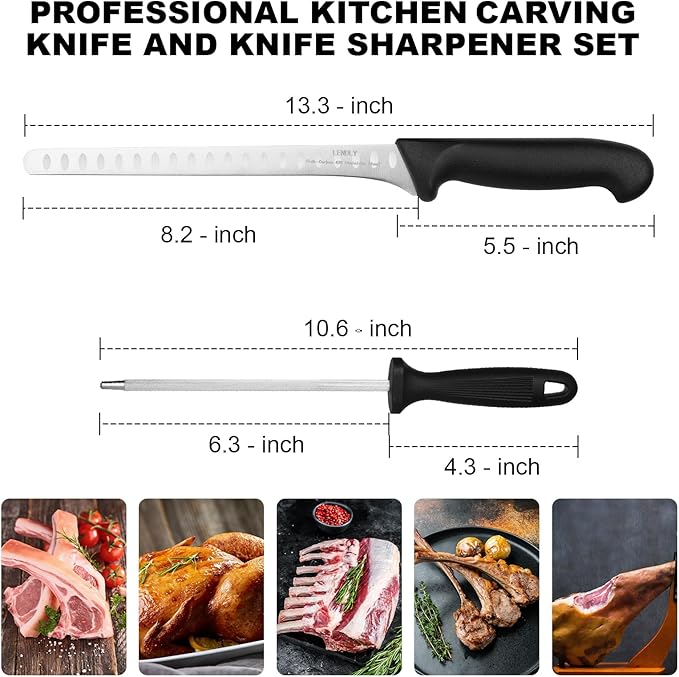Carving Knife for Meat & 10-inch Sharpener Set - Brisket Slicing Knives with Razor Sharp High Carbon Stainless Steel Blade, Ergonomic Handle - Premium Turkey Carving Knife